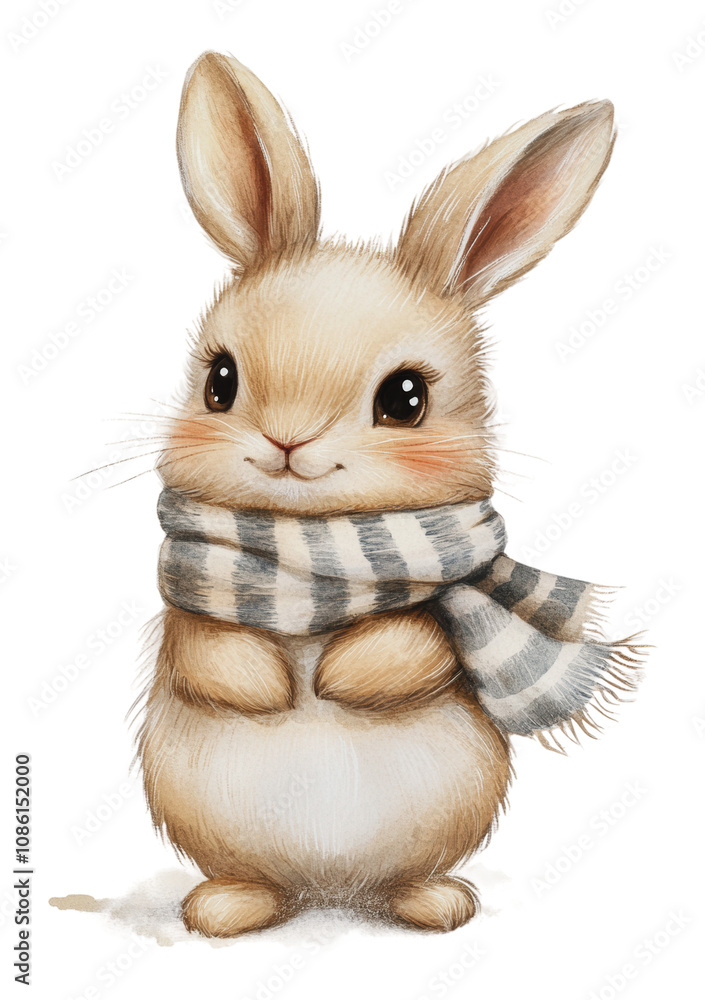 PNG Cute rabbit wearing a striped scarf in winter PNG Cute rabbit wearing a striped scarf in winter