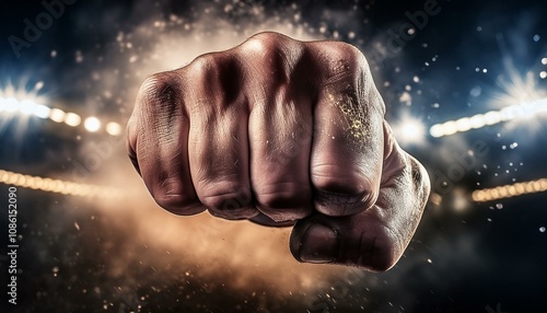 A close up view of a fist punching towards the camera; an action packed flying fist with an animated colorful background; a clinching fist in detailed punching at the camera; blurred background