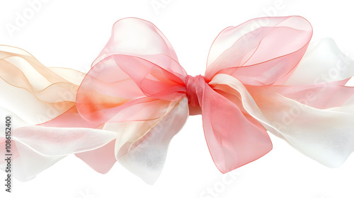 Elegant sheer pink and white ribbon tied in a bow, perfect for gift wrapping, decoration, and crafting projects. Isolated on transparent background. 