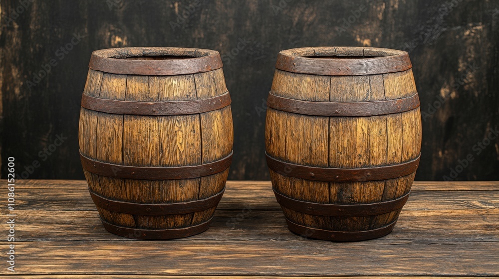 Fototapeta premium Authentic Rustic Wooden Barrels on a Weathered Table