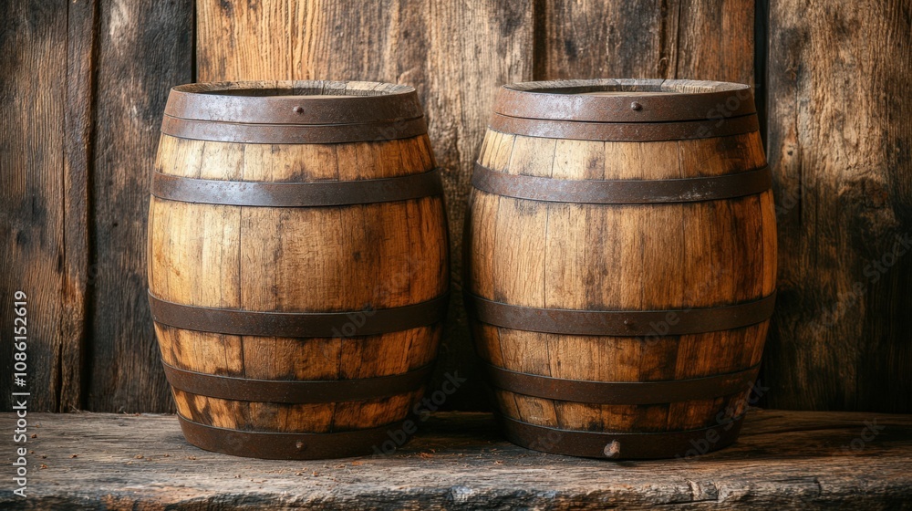 Rustic Wooden Barrels Against a Weathered Wood Background Rustic Wooden Barrels Against a Weathered Wood Background