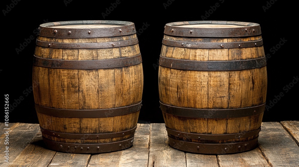 Rustic Wooden Barrels on Dark Background Rustic Wooden Barrels on Dark Background