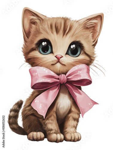 PNG Cute kitten with a pink bow sitting adorably