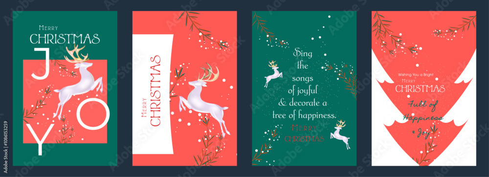 Merry Christmas and Happy New Year greeting card. Modern Xmas design with typography, christmas trees, snowflakes and reindeers. Xmas concept for invitation, poster, banner, social media, cover. Merry Christmas and Happy New Year greeting card. Modern Xmas design with typography, christmas trees, snowflakes and reindeers. Xmas concept for invitation, poster, banner, social media, cover.