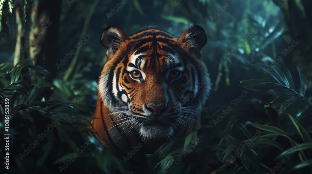 A majestic tiger stares intensely from the foliage in a lush jungle. A majestic tiger stares intensely from the foliage in a lush jungle.