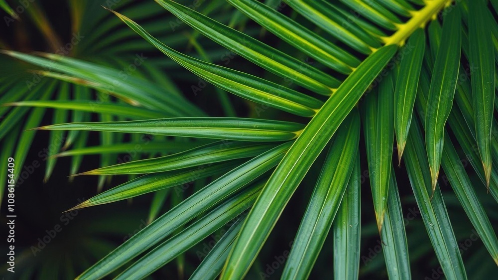Close up of a vibrant green palm leaf showing intricate texture, foliage, close up Close up of a vibrant green palm leaf showing intricate texture, foliage, close up