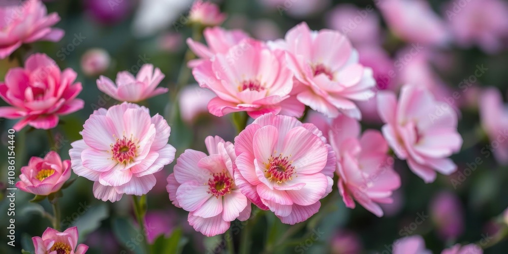 Close up of pink and white ranunculus flowers in full bloom against a soft blurred background, beautiful, flowers Close up of pink and white ranunculus flowers in full bloom against a soft blurred background, beautiful, flowers