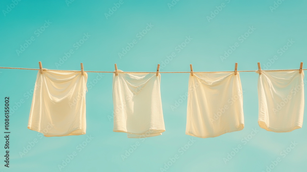 Four white sheets hanging on a clothesline against a clear blue sky, gently swaying in the breeze, capturing a serene and sunny day. Four white sheets hanging on a clothesline against a clear blue sky, gently swaying in the breeze, capturing a serene and sunny day.
