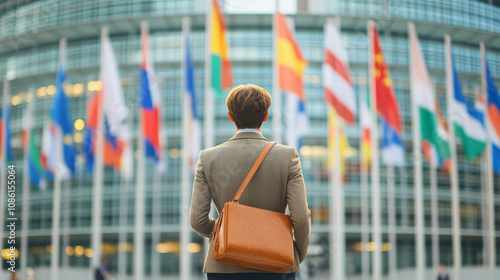 A person stands facing a row of international flags outside a modern building, suggesting a global or diplomatic setting.