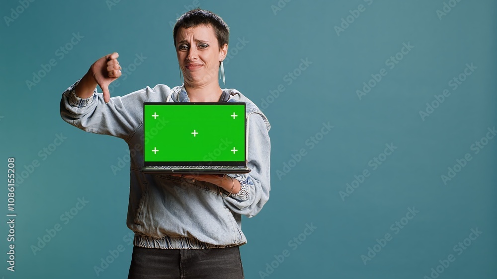 Stylish woman holding a laptop with copy space mockup in studio, creating an advertisement with urban street style and dark eye make up look. Confident cool female model. Camera B. Stylish woman holding a laptop with copy space mockup in studio, creating an advertisement with urban street style and dark eye make up look. Confident cool female model. Camera B.