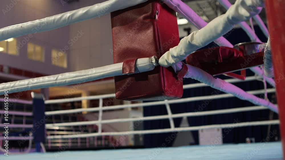 Corner of boxing ring showing ropes and padding in empty arena Corner of boxing ring showing ropes and padding in empty arena