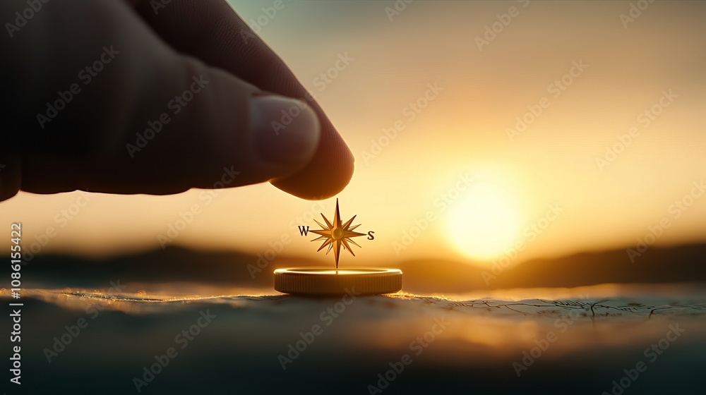 A hand holds a compass against a beautiful sunset, symbolizing direction and adventure. A hand holds a compass against a beautiful sunset, symbolizing direction and adventure.