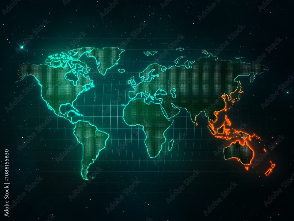 Naklejka premium A neon world map with glowing outlines, perfect for tech and geography themes in a digital universe.