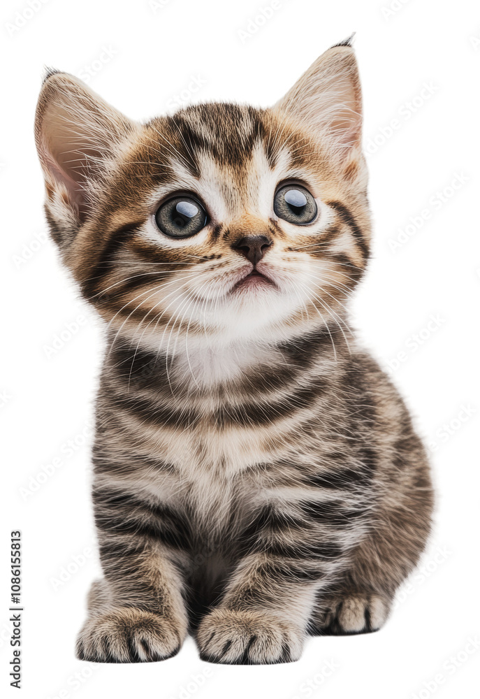 PNG Playful striped kitten with big eyes looking up PNG Playful striped kitten with big eyes looking up