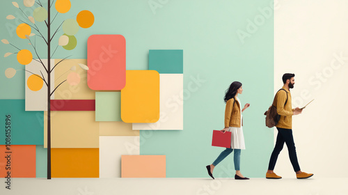 A couple walks beside a colorful, abstract wall with geometric shapes and a tree, creating a vibrant autumn atmosphere.