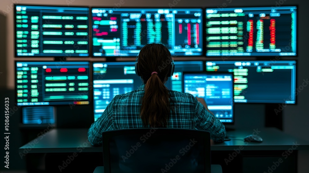 Woman Working Late With Monitors Woman Working Late With Monitors