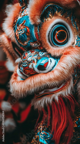 A close-up of a traditional lion dance costume with bright colors and intricate designs, symbolizing protection and good luck during celebrations. Social media vertical reels story footage photo