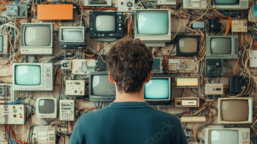 A person stands facing a wall filled with various old televisions and electronic devices, surrounded by a tangled mess of wires and cables. photo