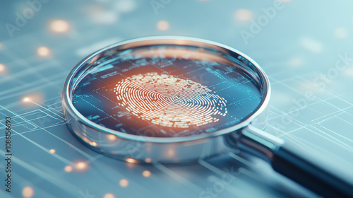 A magnifying glass reveals a fingerprint on a digital surface, symbolizing cyber security and forensic technology in a digital information context.