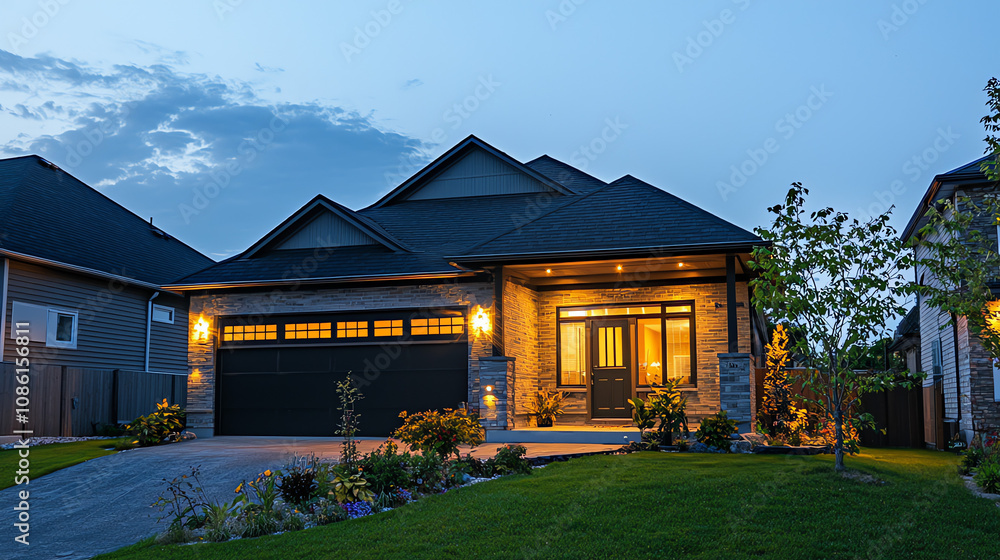 A beautifully lit suburban home showcasing modern architecture during twilight A beautifully lit suburban home showcasing modern architecture during twilight