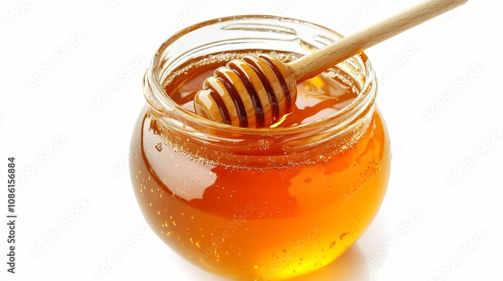 Golden Honey in a Glass Jar with a Dipper Golden Honey in a Glass Jar with a Dipper