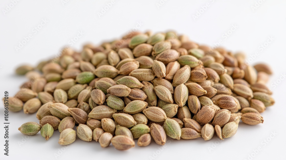 A close-up of a pile of hemp seeds on a white background, showcasing their small, oval shape and natural color variations. A close-up of a pile of hemp seeds on a white background, showcasing their small, oval shape and natural color variations.