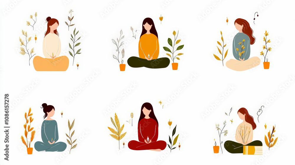 Illustrations of women meditating surrounded by plants and flowers, each in different poses, creating a serene and calming atmosphere. Illustrations of women meditating surrounded by plants and flowers, each in different poses, creating a serene and calming atmosphere.