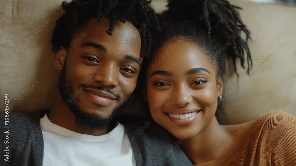 Happy young African American couple cuddling on couch. Happy young African American couple cuddling on couch.