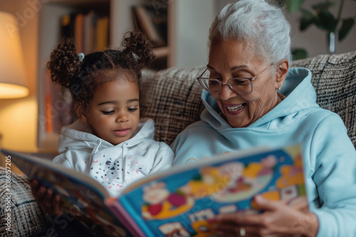 An African American grandmother reads an interesting story to her little granddaughter before bedtime photo