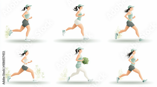 A series of illustrations depicting a woman jogging in various poses, wearing a cap and athletic wear, emphasizing movement and fitness.