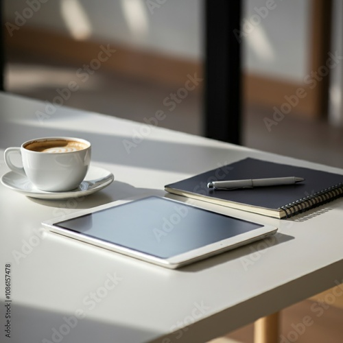 Wallpaper Mural Professional workspace with a cup of coffee, tablet, and notebook on a minimalist desk Torontodigital.ca