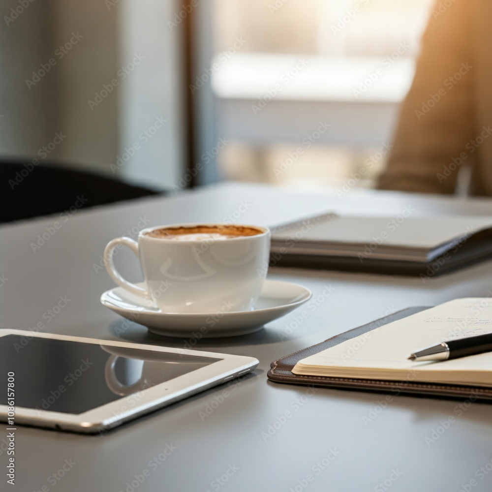 Professional workspace with a cup of coffee, tablet, and notebook on a minimalist desk Professional workspace with a cup of coffee, tablet, and notebook on a minimalist desk