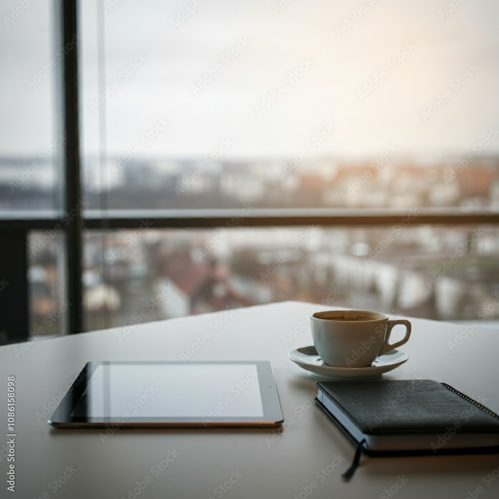 Professional workspace with a cup of coffee, tablet, and notebook on a minimalist desk Professional workspace with a cup of coffee, tablet, and notebook on a minimalist desk