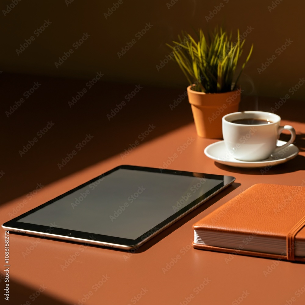 Professional workspace with a cup of coffee, tablet, and notebook on a minimalist desk Professional workspace with a cup of coffee, tablet, and notebook on a minimalist desk