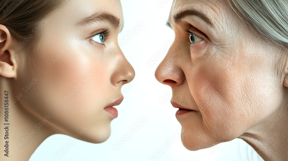 Side view of an elderly woman's face and a young face on a white background Side view of an elderly woman's face and a young face on a white background