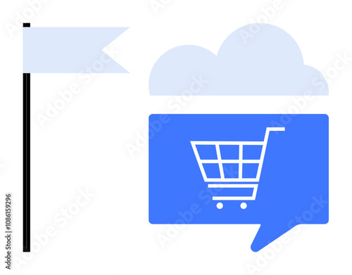 Shopping cart inside speech bubble under cloud beside a flag. Ideal for e-commerce, online shopping, digital marketing, cloud-based services, user feedback, virtual retail, and web services. Line
