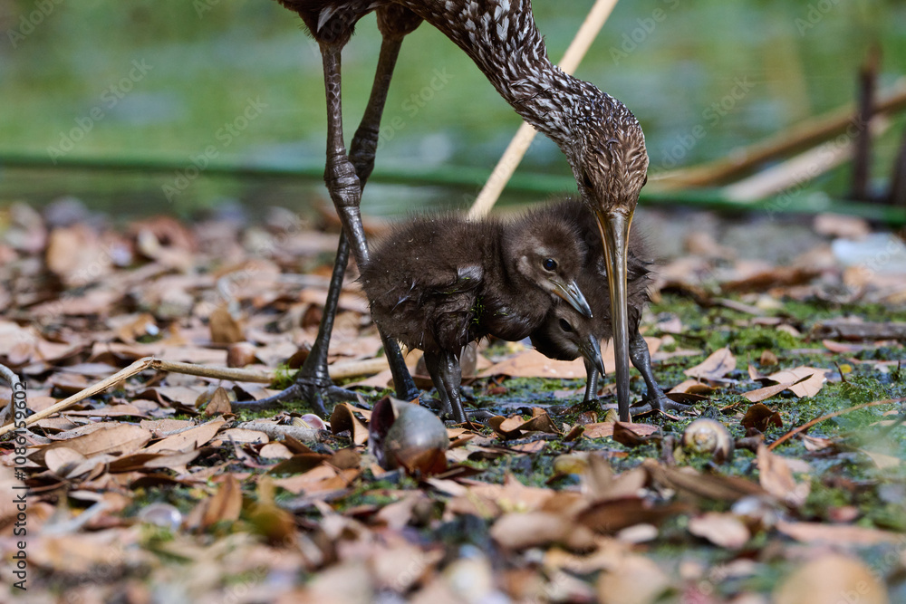 Fototapeta premium Limpkin juveniles with their parent