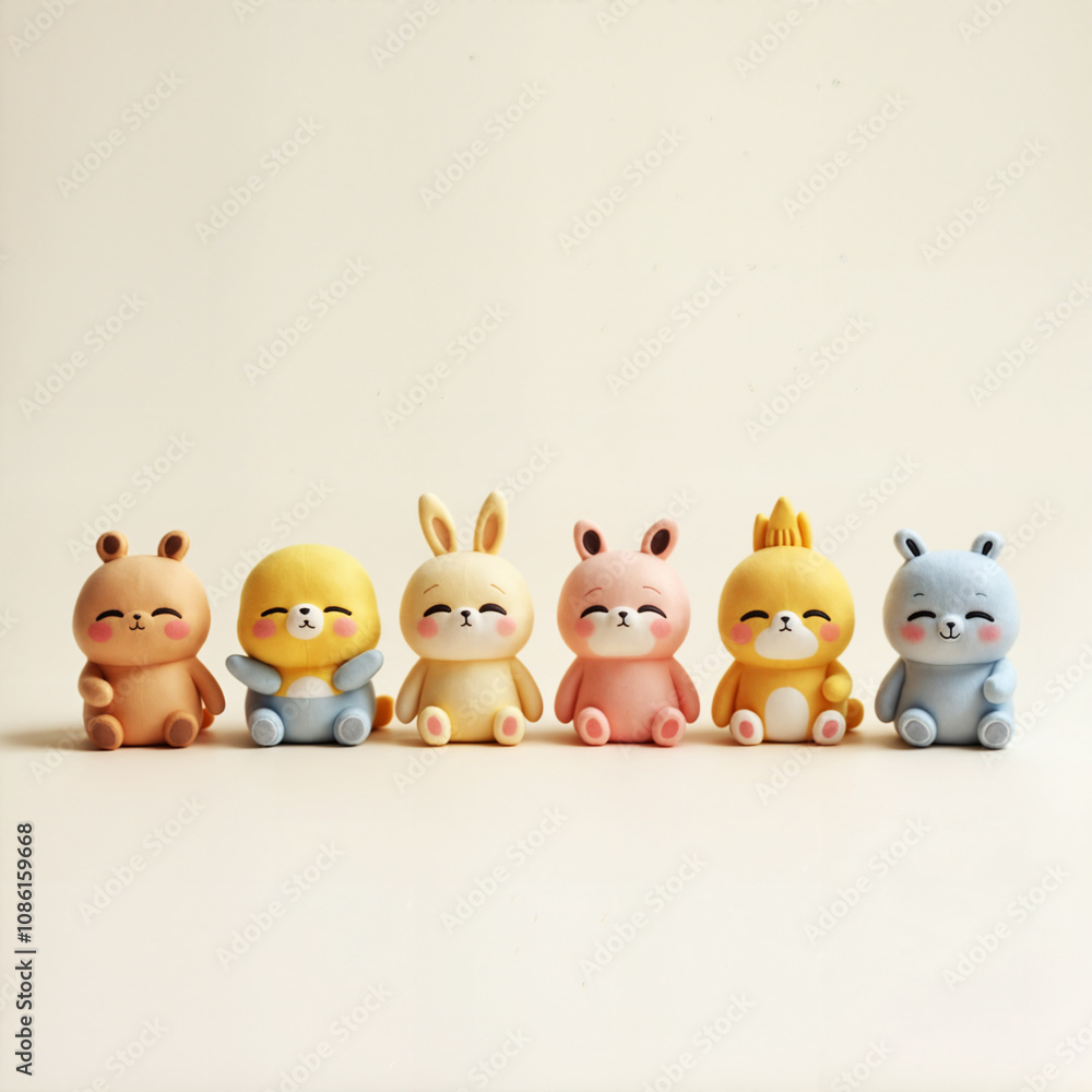 Naklejka premium a row of adorable, colorful, and cute stuffed animals against a neutral background.