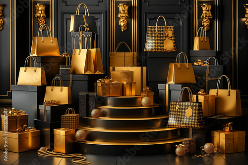 A display of gold bags and gifts on a black background
