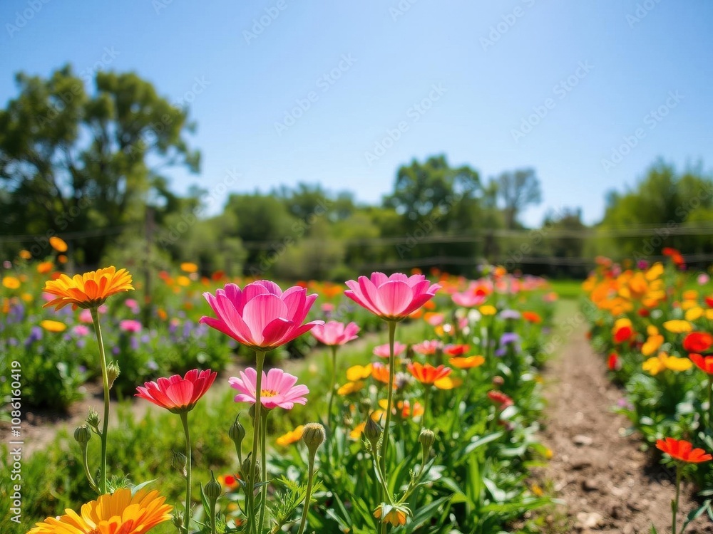 Vibrant yellow daffodil flowers blooming in a lush field under a clear sky, vibrant colors, blooming Vibrant yellow daffodil flowers blooming in a lush field under a clear sky, vibrant colors, blooming