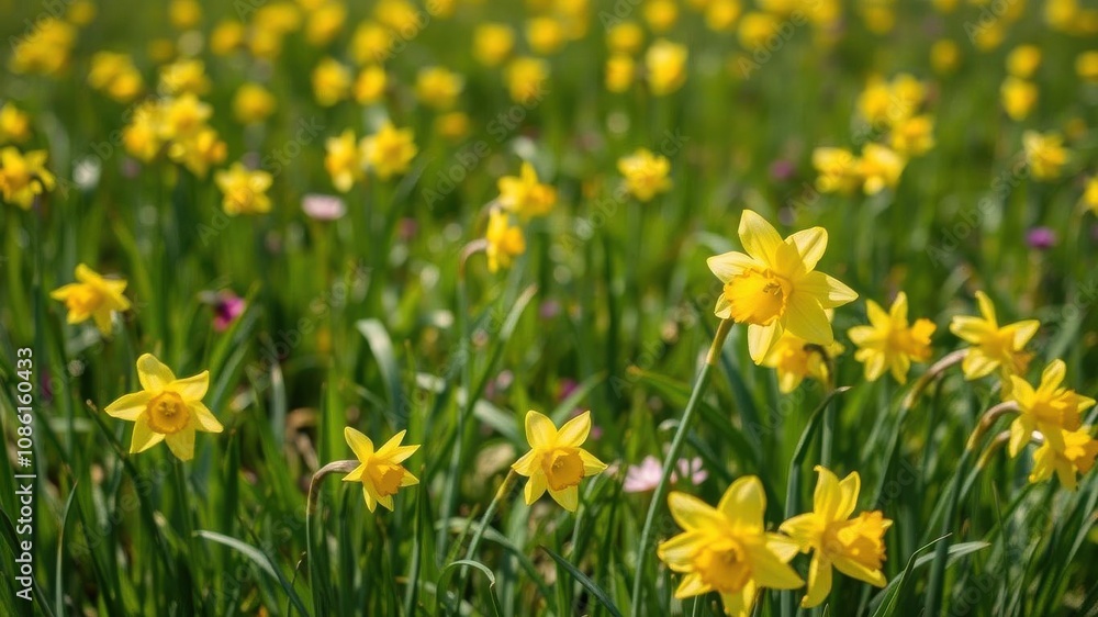 Vibrant yellow daffodil flowers blooming in a vast field under the warm sun, yellow, landscape Vibrant yellow daffodil flowers blooming in a vast field under the warm sun, yellow, landscape