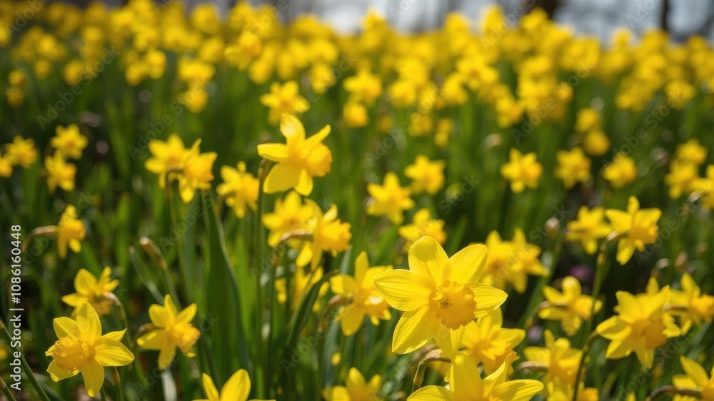 Fototapeta premium Vibrant yellow daffodil flowers blooming in a lush green field under the bright sun, vibrant, yellow