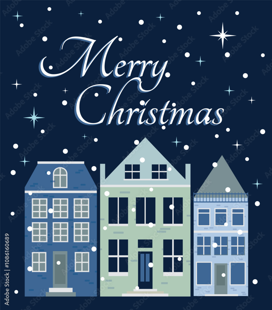 Fototapeta premium Simple minimal geometric flat style Architecture, city vector illustration. Christmas banner or postcard