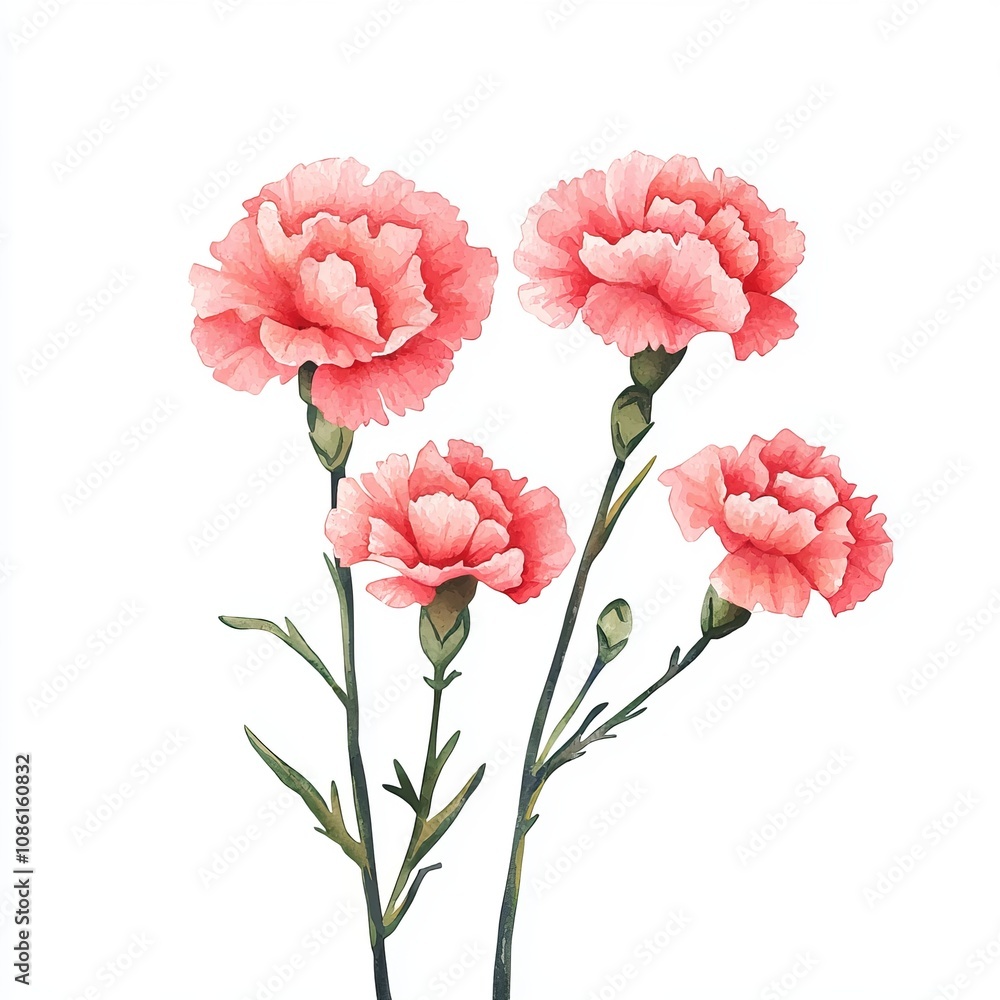 Beautiful pink carnations in full bloom, perfect for adding a touch of elegance to any setting or design. white background Beautiful pink carnations in full bloom, perfect for adding a touch of elegance to any setting or design. white background