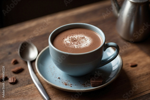 Rustic Hot Chocolate Mug on Wooden Table with Creamy Cocoa Dustin photo