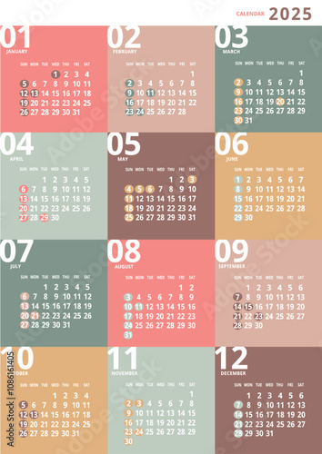 2025年_年間カレンダー_カラフルスクエア