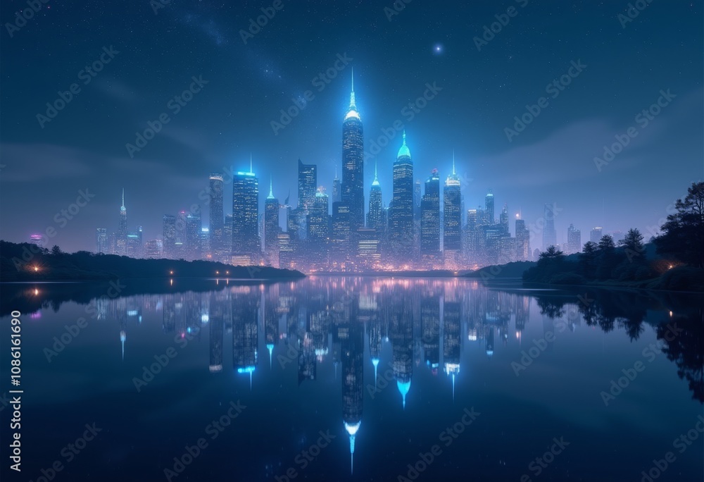 Obraz premium A stunning night view of a modern city skyline reflected in calm waters, featuring illuminated towers and a starry sky