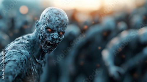 A horde of zombies emerges from the shadows at dusk, hungry for brains and chaos in a post-apocalyptic setting. Closeup portrait of the zombie with glowing eyes, hunting for prey.