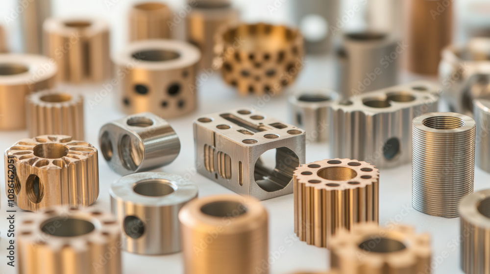 Intricately machined metal components of various sizes and shapes are displayed, showcasing precise engineering and craftsmanship in industrial manufacturing. Intricately machined metal components of various sizes and shapes are displayed, showcasing precise engineering and craftsmanship in industrial manufacturing.