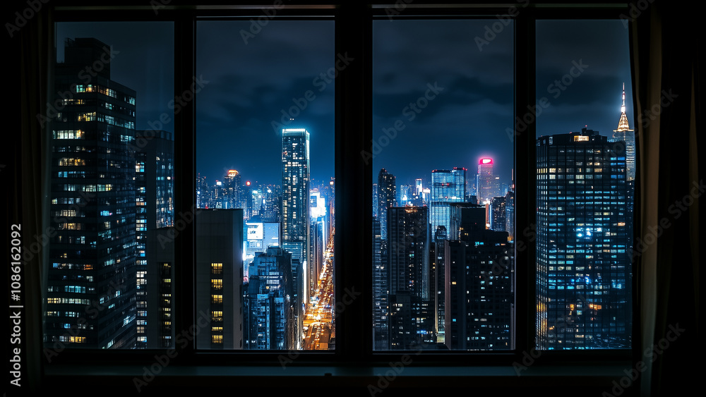 Neon Dreams: A Cyberpunk Cityscape from a Highrise Window Neon Dreams: A Cyberpunk Cityscape from a Highrise Window